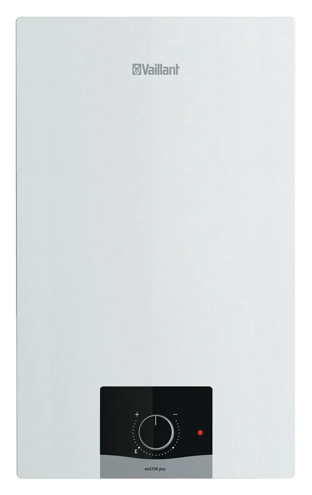 Druckloser Elektro-Speicher von Vaillant in Weiß, montierbar über dem Tisch, mit einem einstellbaren Regler und einer LED-Anzeige.